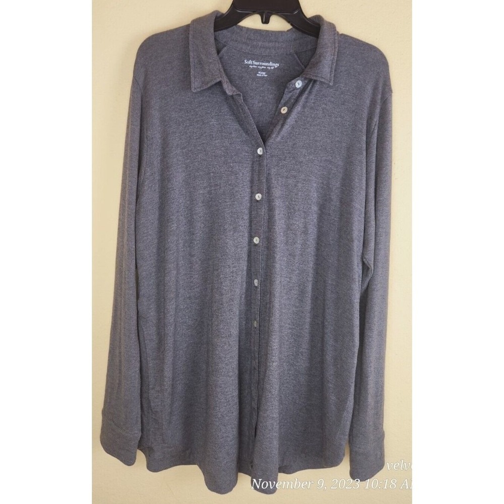Soft‎ Surroundings Gray Modal Knit Button Down Top XLarge Long Sleeve Elastic